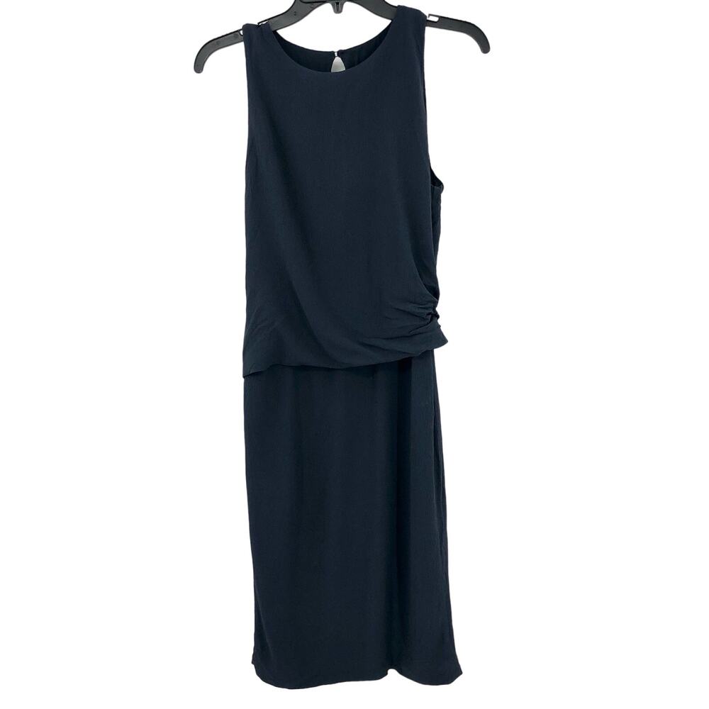 MaxMara Pinafore Midi Dress Sleeveless Dark Blue Ruched Side Crepe Size 8
